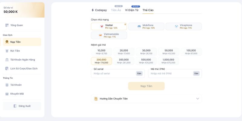 Nạp tiền ZET88 bằng thẻ cào