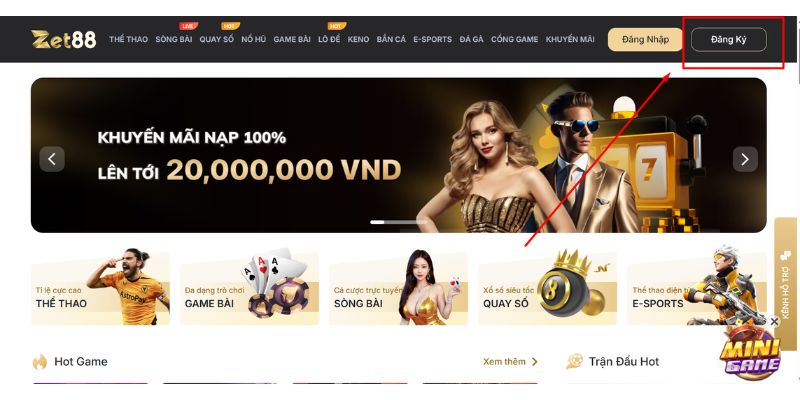 Nút đăng ký ZET88 ở phía trên bên phải