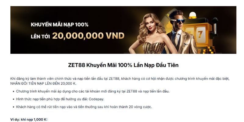 Khuyến mãi 100% nạp lần đầu tại ZET88